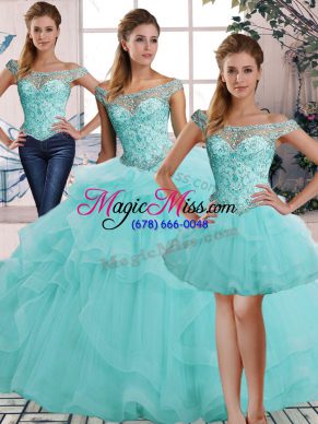 Traditional Aqua Blue Sleeveless Floor Length Beading and Ruffles Lace Up Sweet 16 Quinceanera Dress