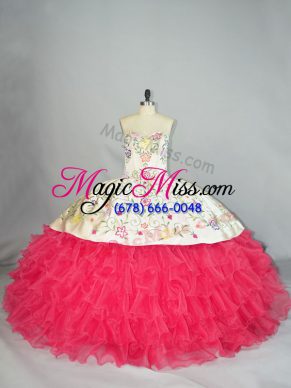 Custom Designed Embroidery and Ruffles Quinceanera Gown White And Red Lace Up Sleeveless Floor Length