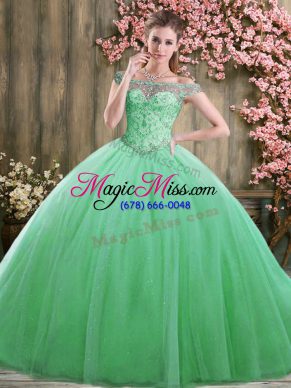 Fantastic Sleeveless Tulle Floor Length Lace Up Quinceanera Dress in Green with Beading