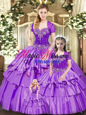 Great Lavender Vestidos de Quinceanera Military Ball and Sweet 16 and Quinceanera with Beading and Ruffled Layers Sweetheart Sleeveless Lace Up
