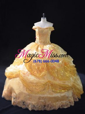 Fancy Gold Ball Gowns Off The Shoulder Sleeveless Organza Floor Length Lace Up Beading and Pick Ups Quinceanera Gowns