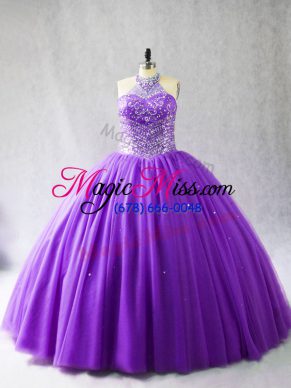 Floor Length Lace Up Quinceanera Gowns Purple for Sweet 16 and Quinceanera with Beading