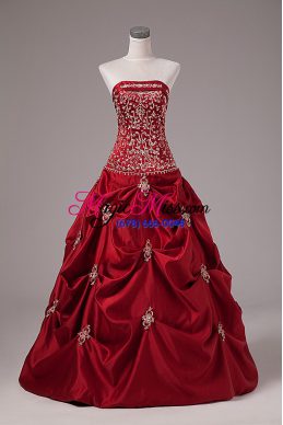 Excellent Strapless Sleeveless Lace Up Sweet 16 Quinceanera Dress Wine Red Taffeta