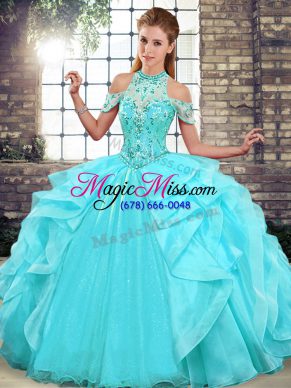 Floor Length Lace Up Quince Ball Gowns Aqua Blue for Military Ball and Sweet 16 and Quinceanera with Beading and Ruffles