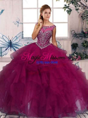 Popular Organza Scoop Sleeveless Zipper Beading and Ruffles Vestidos de Quinceanera in Fuchsia