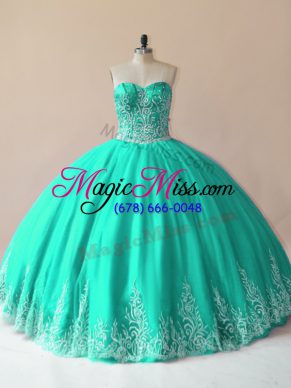 Turquoise Sleeveless Floor Length Embroidery Lace Up Quinceanera Gowns