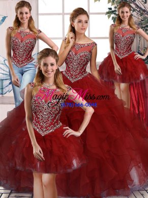 Clearance Burgundy Organza Zipper Sweet 16 Quinceanera Dress Sleeveless Floor Length Beading and Ruffles