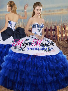 Royal Blue Sleeveless Embroidery and Ruffled Layers and Bowknot Floor Length Sweet 16 Dress