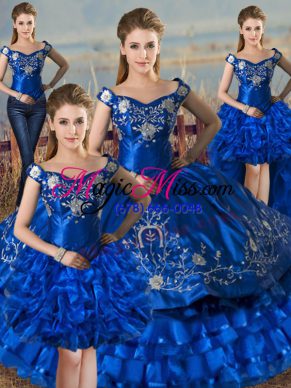 New Style Royal Blue Lace Up Quince Ball Gowns Embroidery and Ruffled Layers Sleeveless Floor Length