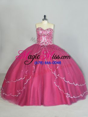 Modest Red Ball Gowns Sweetheart Sleeveless Tulle Brush Train Lace Up Beading and Sequins Sweet 16 Quinceanera Dress