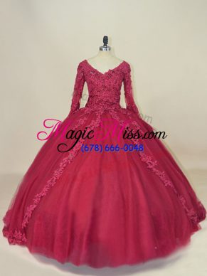 Comfortable Red Long Sleeves Tulle Lace Up Quinceanera Gowns for Sweet 16 and Quinceanera