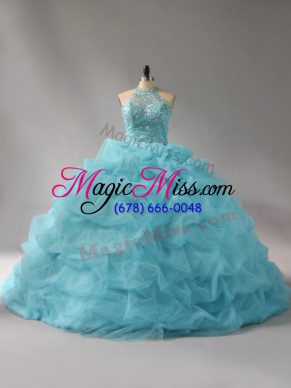 Beading and Pick Ups Quinceanera Dress Aqua Blue Lace Up Sleeveless Court Train