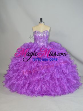 Noble Purple Lace Up 15th Birthday Dress Beading and Ruffles Sleeveless Floor Length