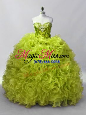 Organza Sweetheart Sleeveless Lace Up Ruffles and Sequins 15th Birthday Dress in Yellow Green