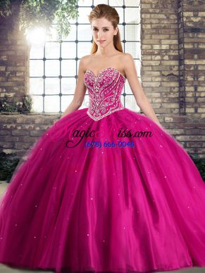 Eye-catching Sleeveless Beading Lace Up Ball Gown Prom Dress with Fuchsia Brush Train