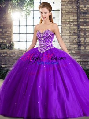 Spectacular Purple Sweetheart Lace Up Beading Quinceanera Gowns Brush Train Sleeveless