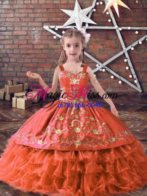 Amazing Orange Red Sleeveless Satin and Organza Lace Up Child Pageant Dress for Wedding Party