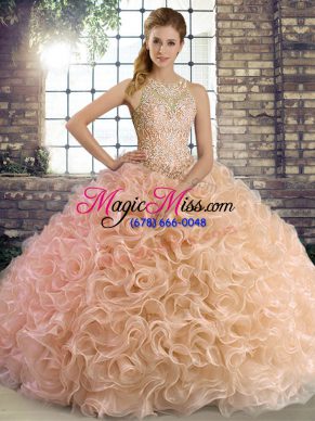 Fancy Ball Gowns Quinceanera Gown Peach Scoop Fabric With Rolling Flowers Sleeveless Floor Length Lace Up