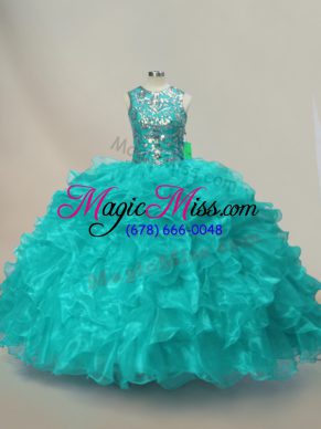 Floor Length Aqua Blue Quinceanera Gown Organza Sleeveless Beading and Ruffles