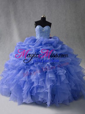 Floor Length Lace Up Quinceanera Gowns Blue for Sweet 16 and Quinceanera with Beading and Ruffles and Pick Ups