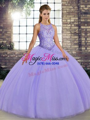 Lavender Ball Gowns Scoop Sleeveless Tulle Floor Length Lace Up Embroidery 15th Birthday Dress