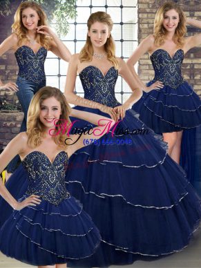 Brush Train Ball Gowns Quince Ball Gowns Navy Blue Sweetheart Tulle Sleeveless Lace Up