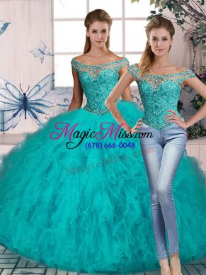 High Quality Aqua Blue Lace Up Sweet 16 Quinceanera Dress Beading and Ruffles Sleeveless Brush Train