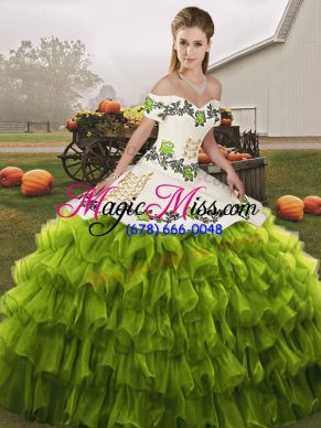 Off The Shoulder Sleeveless Organza Vestidos de Quinceanera Embroidery and Ruffled Layers Lace Up