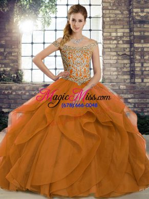 Orange Tulle Lace Up Off The Shoulder Sleeveless Quince Ball Gowns Brush Train Beading and Ruffles