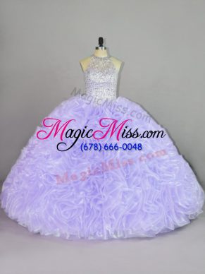 Fashion Organza Halter Top Sleeveless Lace Up Beading and Ruffles Quinceanera Dresses in Lavender