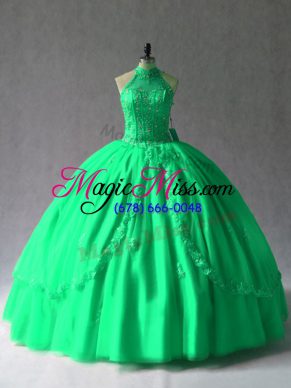 Modest Green Halter Top Neckline Appliques Sweet 16 Quinceanera Dress Sleeveless Lace Up