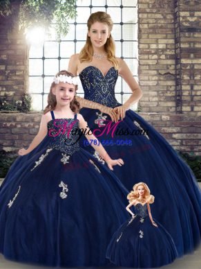 Fitting Navy Blue Ball Gowns Tulle Sweetheart Sleeveless Beading and Appliques Floor Length Lace Up Sweet 16 Dress