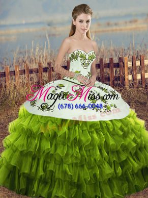 Trendy Organza Sleeveless Floor Length Quinceanera Gown and Embroidery and Ruffled Layers and Bowknot