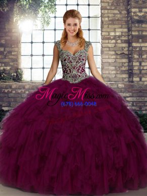 Flare Sleeveless Organza Floor Length Lace Up Quinceanera Gown in Dark Purple with Beading and Ruffles