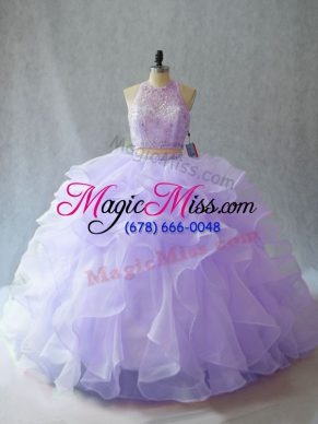 Shining Lavender Organza Backless Halter Top Sleeveless Sweet 16 Dress Brush Train Beading and Ruffles