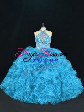 Best Blue Sleeveless Beading and Ruffles Floor Length Quinceanera Dresses