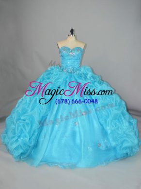 High End Sweetheart Sleeveless Quinceanera Dress Floor Length Embroidery and Ruffles Blue Organza