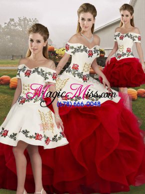 White And Red Ball Gowns Embroidery and Ruffles Quinceanera Dress Lace Up Tulle Sleeveless Floor Length