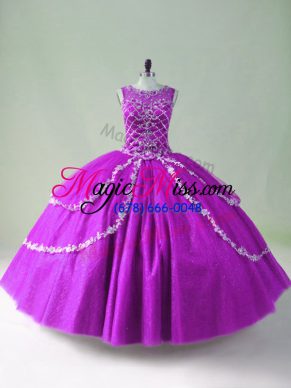 Scoop Sleeveless Quinceanera Dresses Floor Length Beading and Appliques Purple Tulle