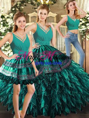 Fine V-neck Sleeveless Backless Quince Ball Gowns Turquoise Organza