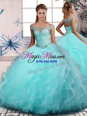 Fantastic Aqua Blue Ball Gowns Tulle Off The Shoulder Sleeveless Beading and Ruffles Floor Length Lace Up Quinceanera Dresses