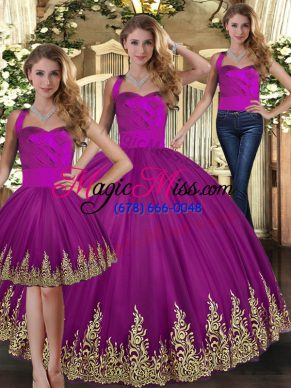 Fuchsia Lace Up Halter Top Embroidery Sweet 16 Quinceanera Dress Tulle Sleeveless