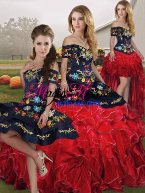 Modern Red And Black Lace Up Off The Shoulder Embroidery and Ruffles Quinceanera Dresses Organza Sleeveless