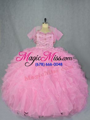 High Quality Baby Pink Lace Up Quince Ball Gowns Beading and Ruffles Sleeveless Floor Length