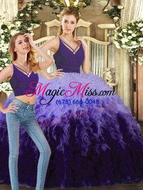 Exquisite Purple and Multi-color Tulle Backless Quinceanera Gowns Sleeveless Floor Length Beading and Ruffles