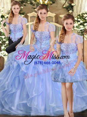 Gorgeous Lavender Three Pieces Beading and Ruffles 15th Birthday Dress Lace Up Organza Sleeveless Floor Length