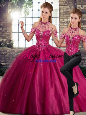 Fancy Fuchsia Lace Up Halter Top Beading Vestidos de Quinceanera Tulle Sleeveless Brush Train