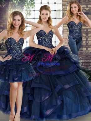 Glorious Navy Blue Tulle Lace Up Sweetheart Sleeveless Floor Length 15 Quinceanera Dress Beading and Ruffles