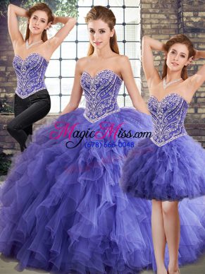 Beauteous Sleeveless Tulle Floor Length Lace Up Quinceanera Dresses in Lavender with Beading and Ruffles