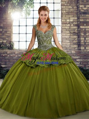 Olive Green Lace Up Straps Beading and Appliques 15 Quinceanera Dress Tulle Sleeveless